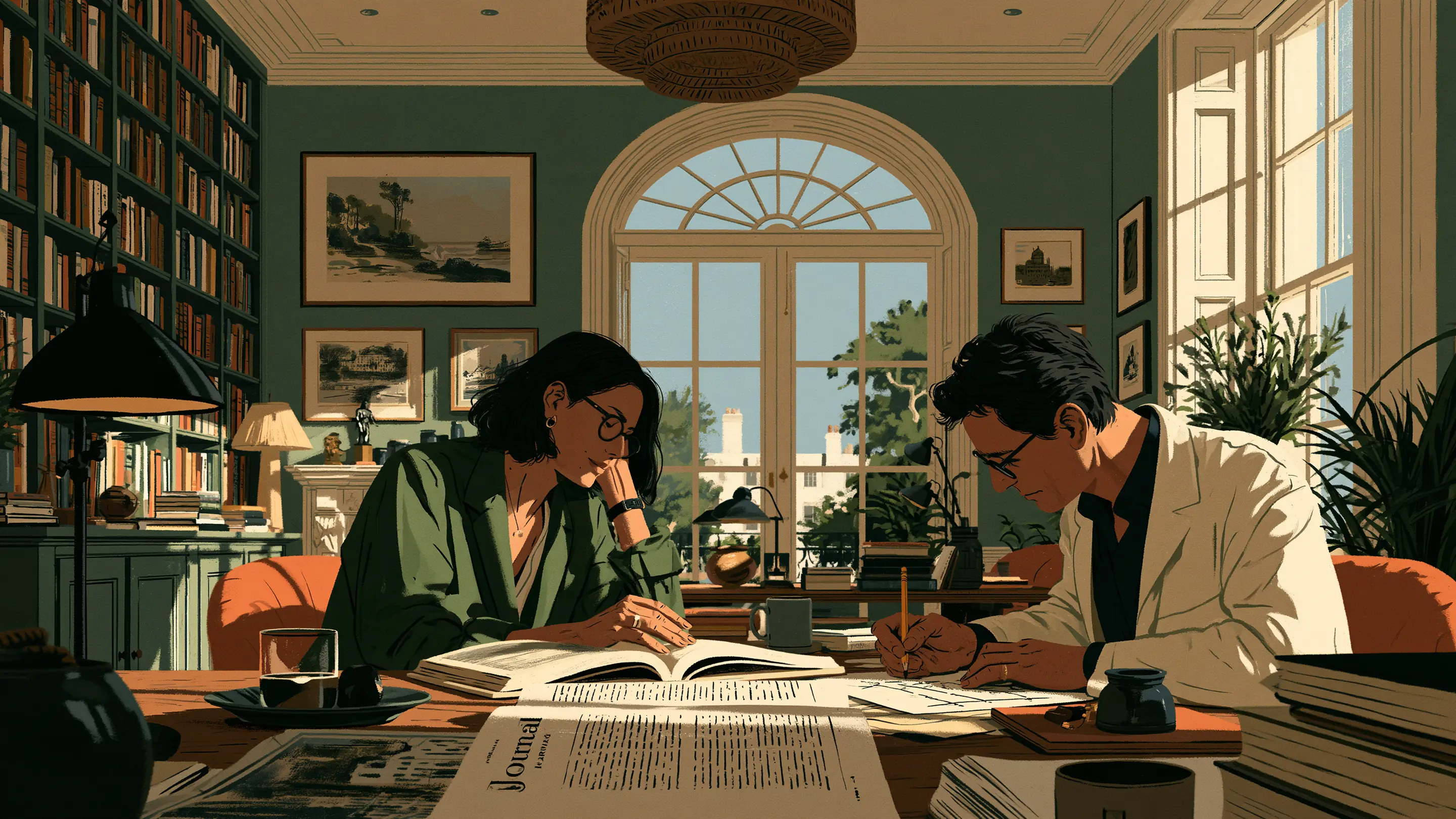 Two clinicians reading a medical journal at a desk.