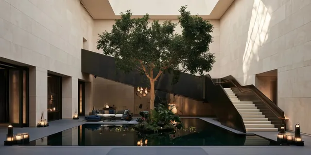 A calm clinic lounge with a courtyard tree