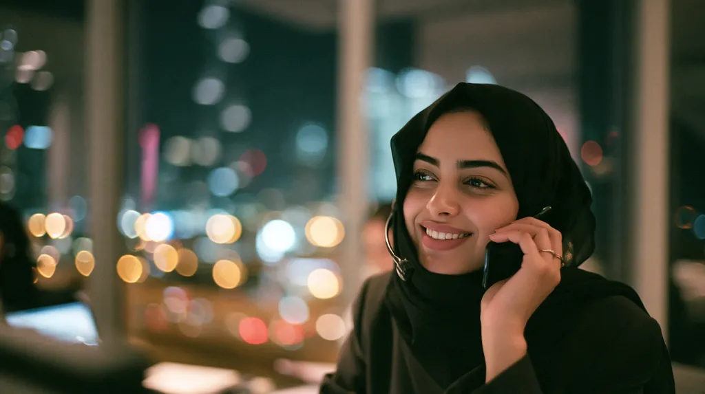 A woman smiling on the phone by a window at dusk, the lights of the city behind her