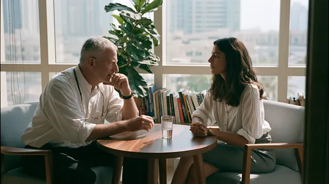 A doctor listening to a patient across a small round table in a daylit Dubai consulting room, a glass of water and no screen between them, books and a plant behind