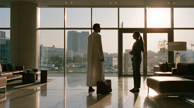 A visiting patient in a white kandura with a leather bag being welcomed by a coordinator in the arrivals lounge of a Dubai clinic at sunrise