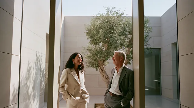 A clinic owner and her architect talking in the limestone courtyard of a newly finished clinic in Dubai, an olive tree between the glass walls