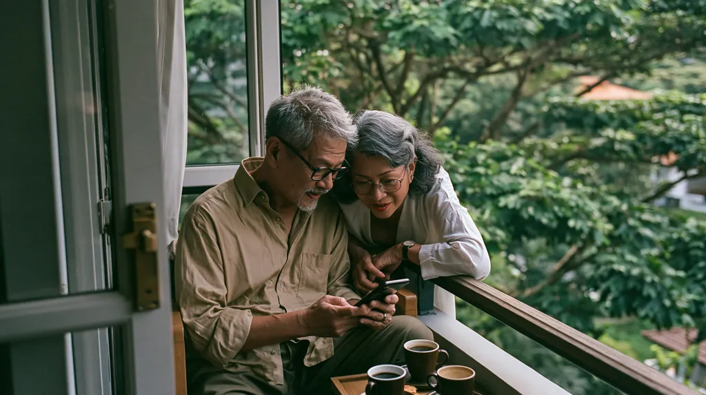An older couple reading a phone together on a balcony above the trees