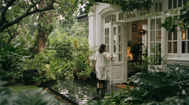 A doctor opening the door of her new clinic in a white colonial bungalow in Singapore in the early morning, the tiles wet after rain and the garden lush around her