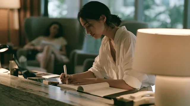 A receptionist writing in an appointment diary at a marble desk beside a lamp in a Singapore clinic, a patient resting in an armchair behind her