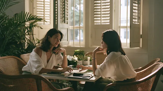 A clinic owner and her practice manager talking over documents at a table in a restored shophouse clinic in Singapore, light through timber shutters and rattan chairs around them