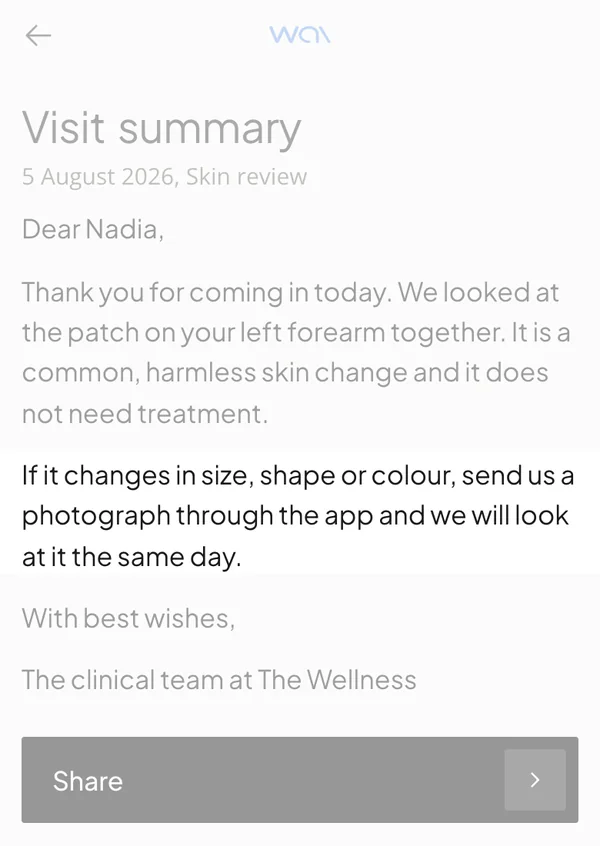 wai Profile, the signed visit summary telling the patient what to watch for