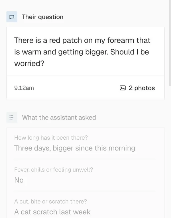 wai Clinicians, a chat request open on the patient's question and what the assistant asked