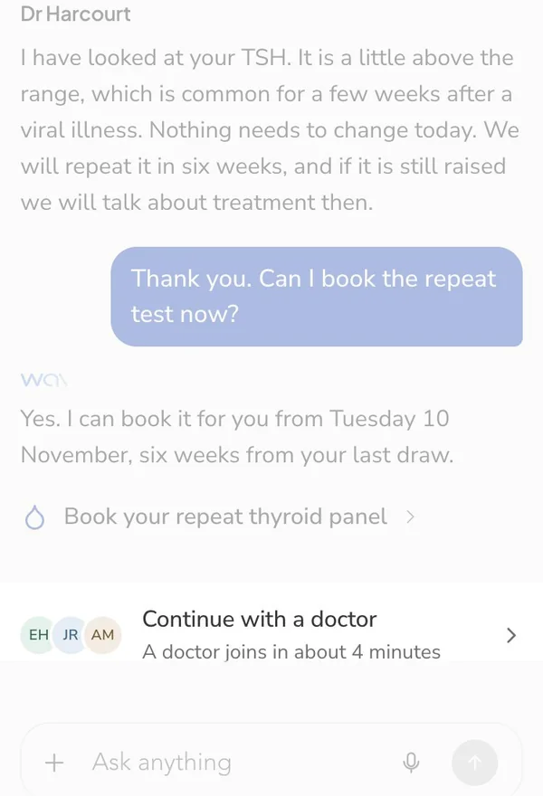 wai Profile, a patient's conversation with Continue with a doctor offered under the assistant's reply