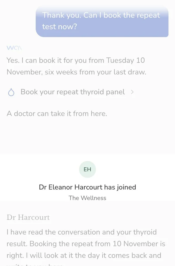 wai Profile, Dr Eleanor Harcourt has joined the patient's conversation and replies in the same thread