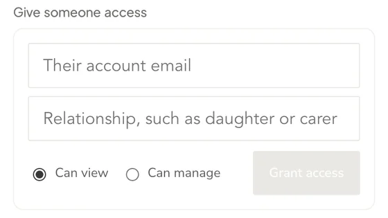 wai Profile, family and carer access, giving someone access by email and relationship