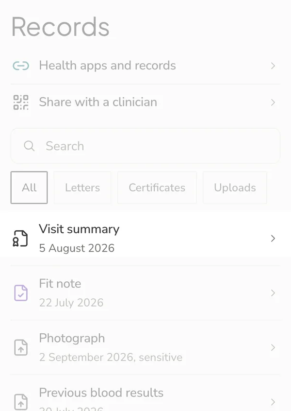 wai Profile, the patient's records with the visit summary at the top