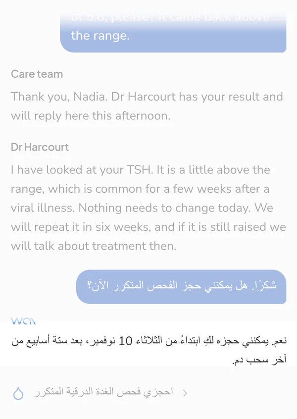 wai Profile, the reply arriving in Arabic, right to left
