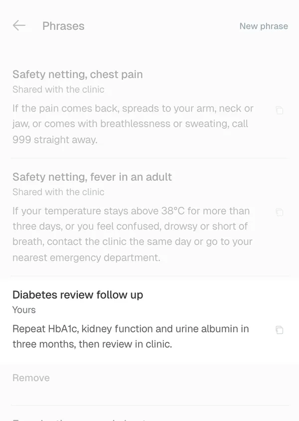 wai Clinicians, the doctor's own saved phrases for results