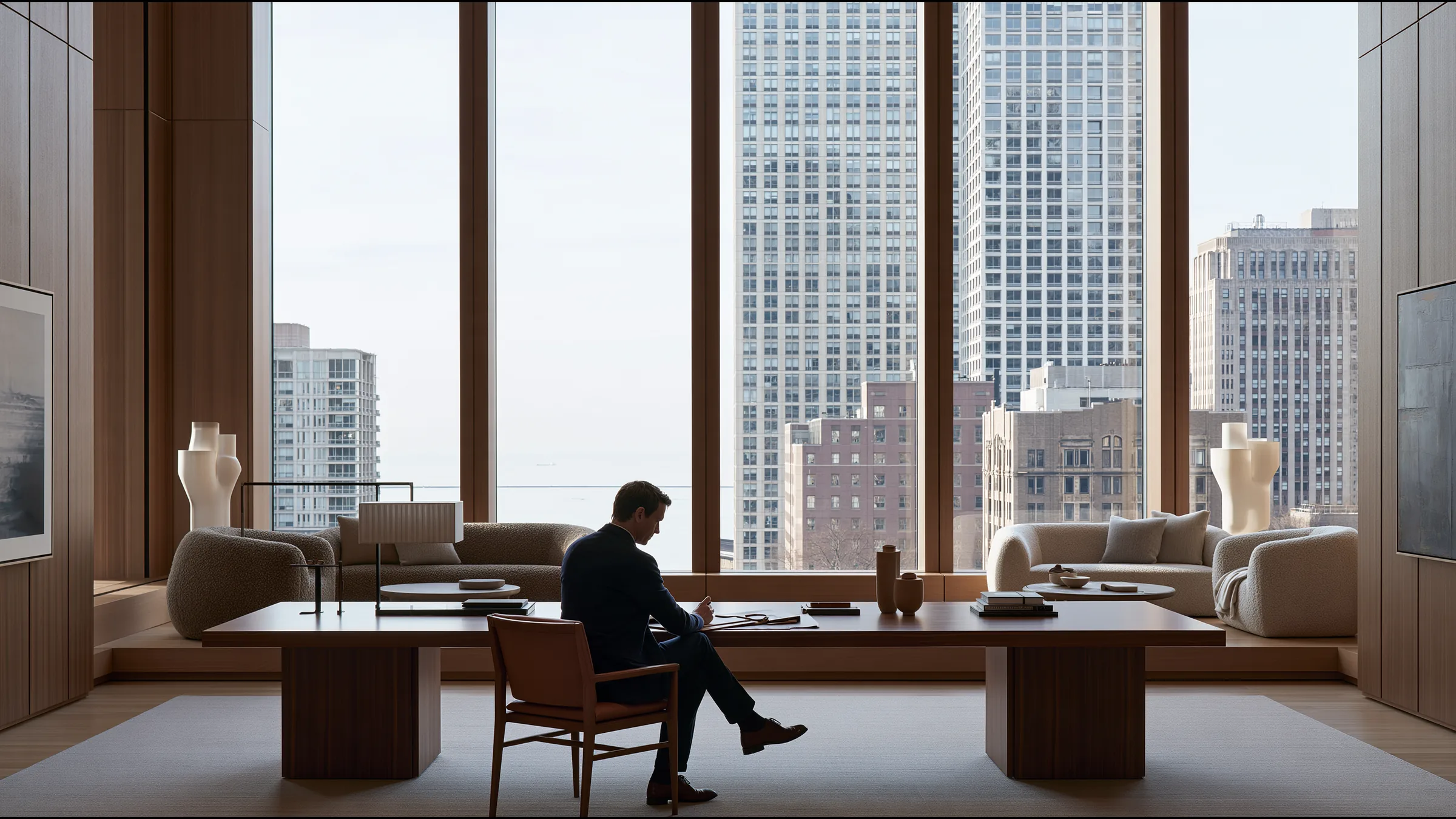 A family physician in his forties in an unstructured navy jacket alone at a vast walnut desk in a double-height Gold Coast clinic in Chicago, initialling a single page with calm assurance, winter light off Lake Michigan through tall glass
