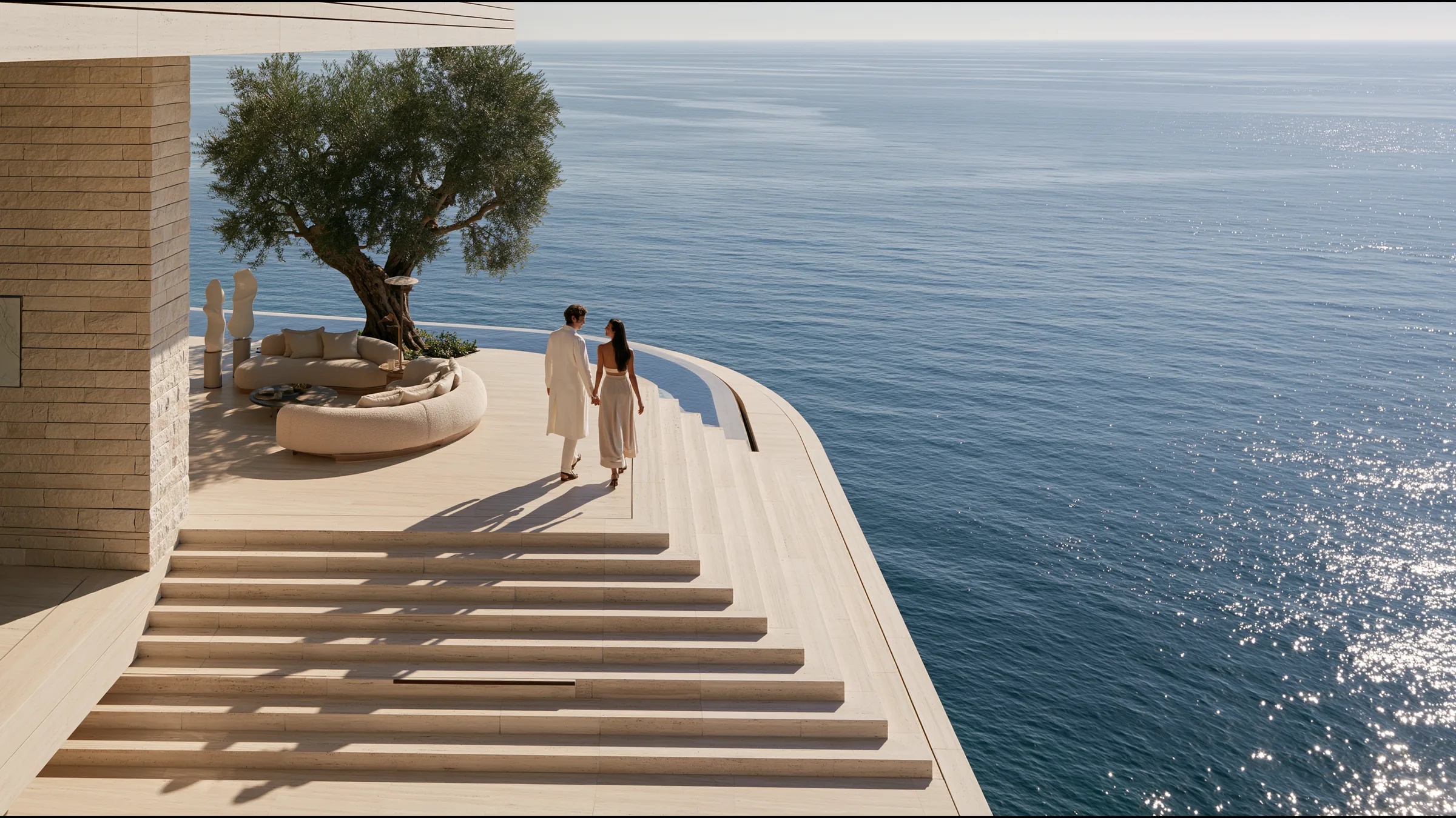 A private doctor in a white coat walking a patient in linen out onto the terrace of a clifftop clinic in Monaco, both smiling gently, the Mediterranean deep blue below, travertine steps and an olive tree