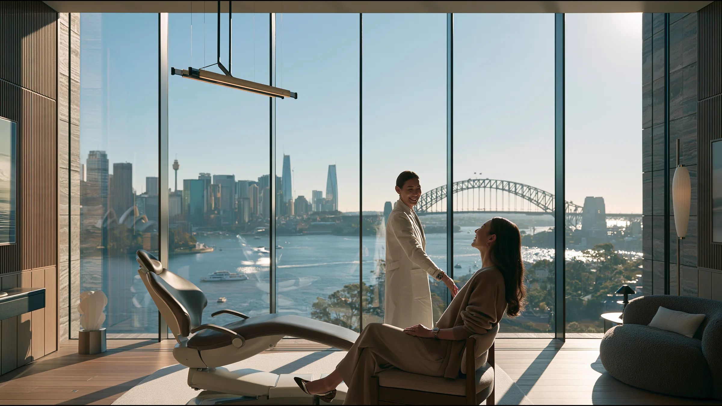 A dentist in a crisp white coat greeting a returning patient in a serene double-height dental suite in Paddington, Sydney, one sculptural chair, oak and linen