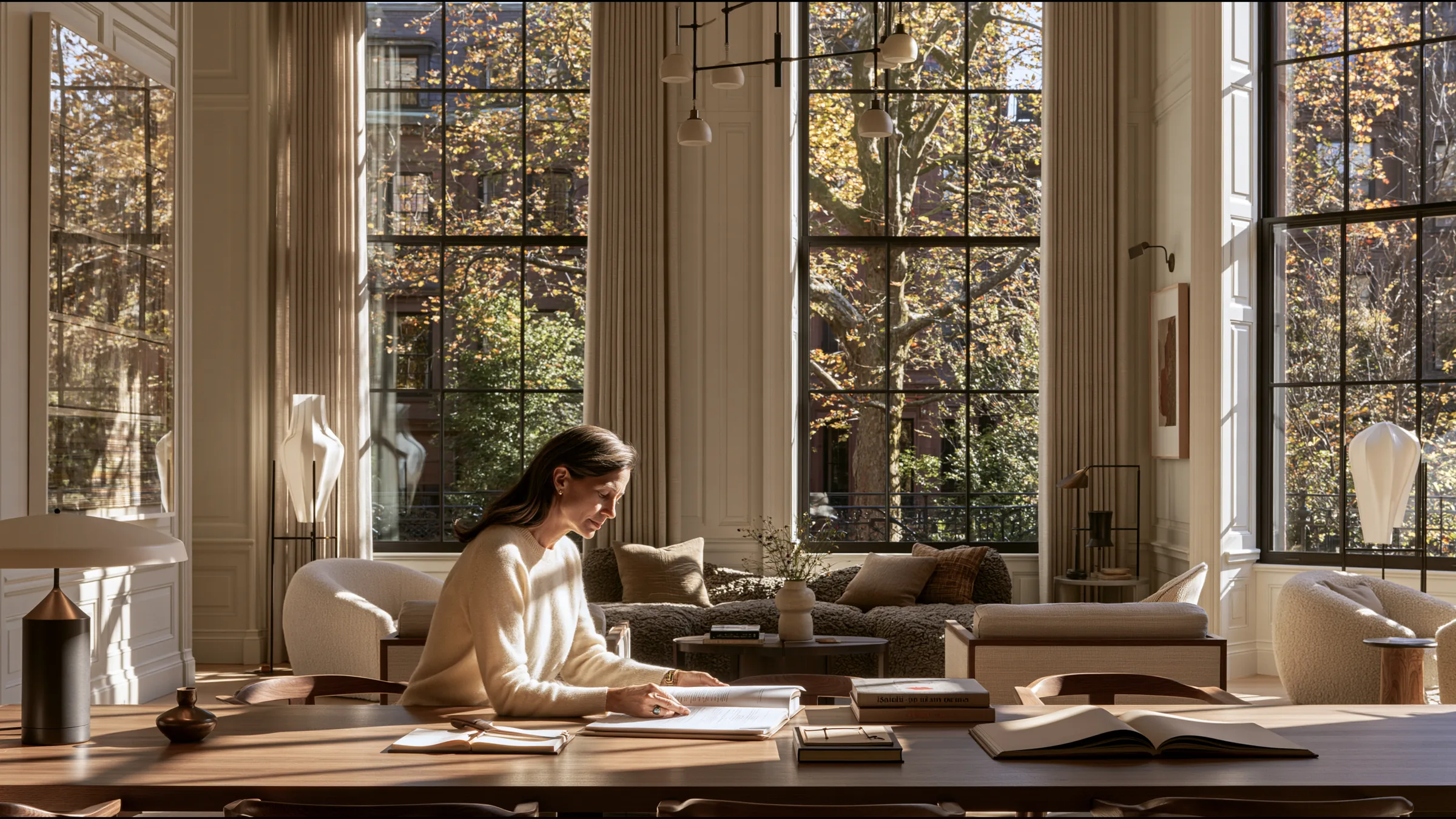 A medical director in her fifties alone at a long sunlit oak table in a grand Back Bay townhouse clinic in Boston, reading a single report with relief, tall windows and autumn trees
