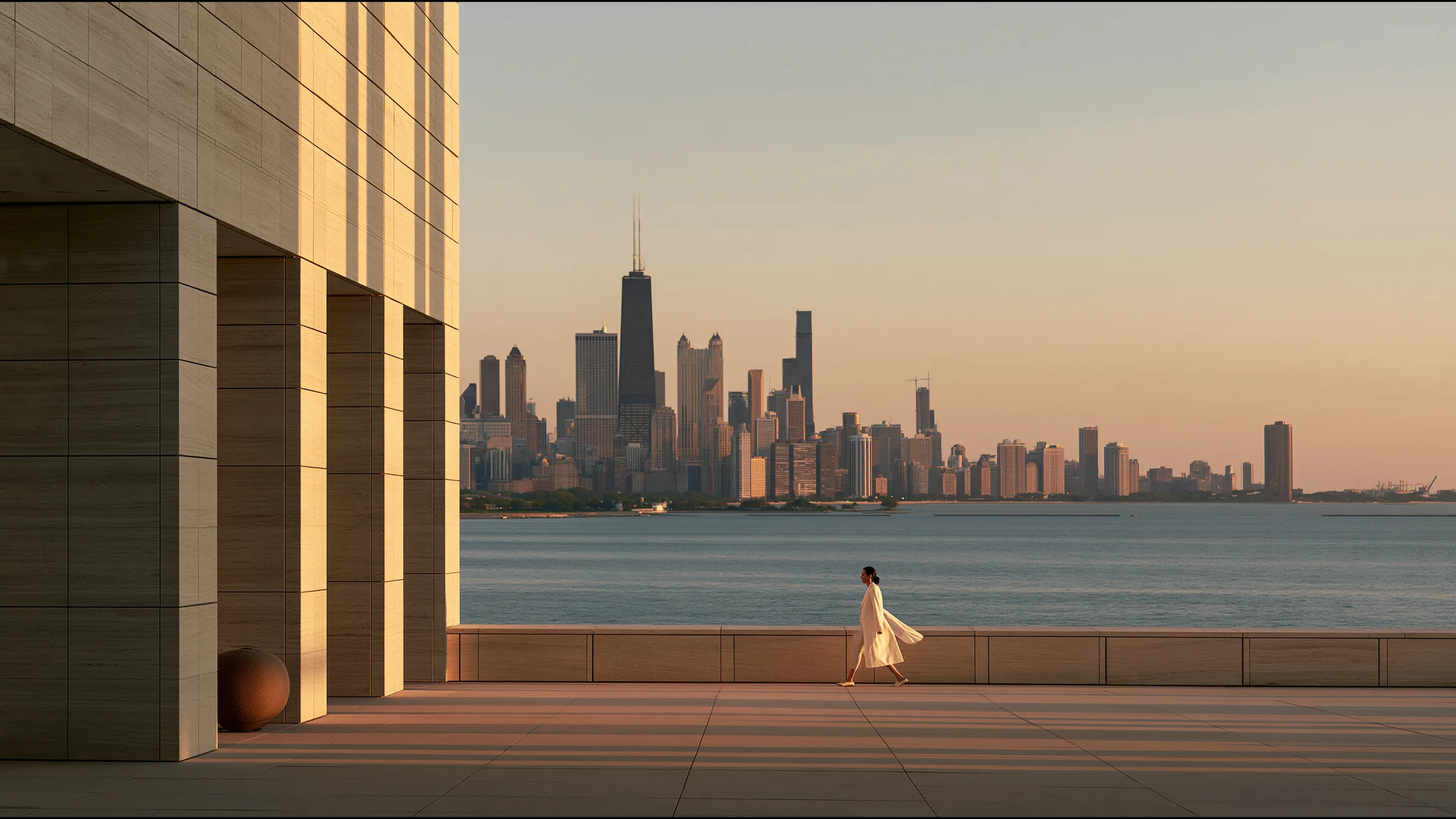 A doctor in a white coat walking out of a minimal stone clinic onto a wide terrace above Lake Michigan at 5pm, coat over her arm, a long exhale of an evening reclaimed, the Chicago Gold Coast skyline in golden light