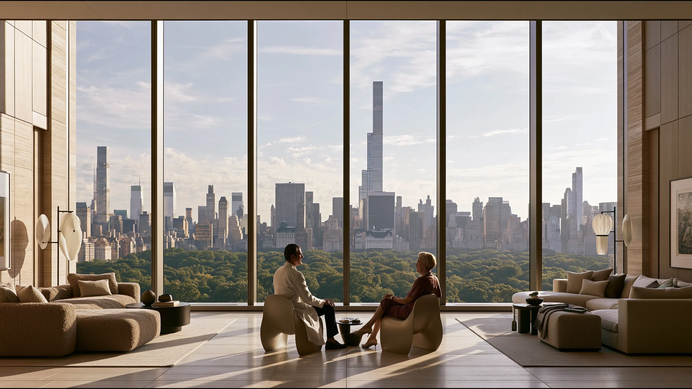 An orthopaedic surgeon in a white coat seated beside a patient in her sixties on two sculptural chairs in a vast Upper East Side consulting suite, a moment of reassurance, Central Park through tall windows