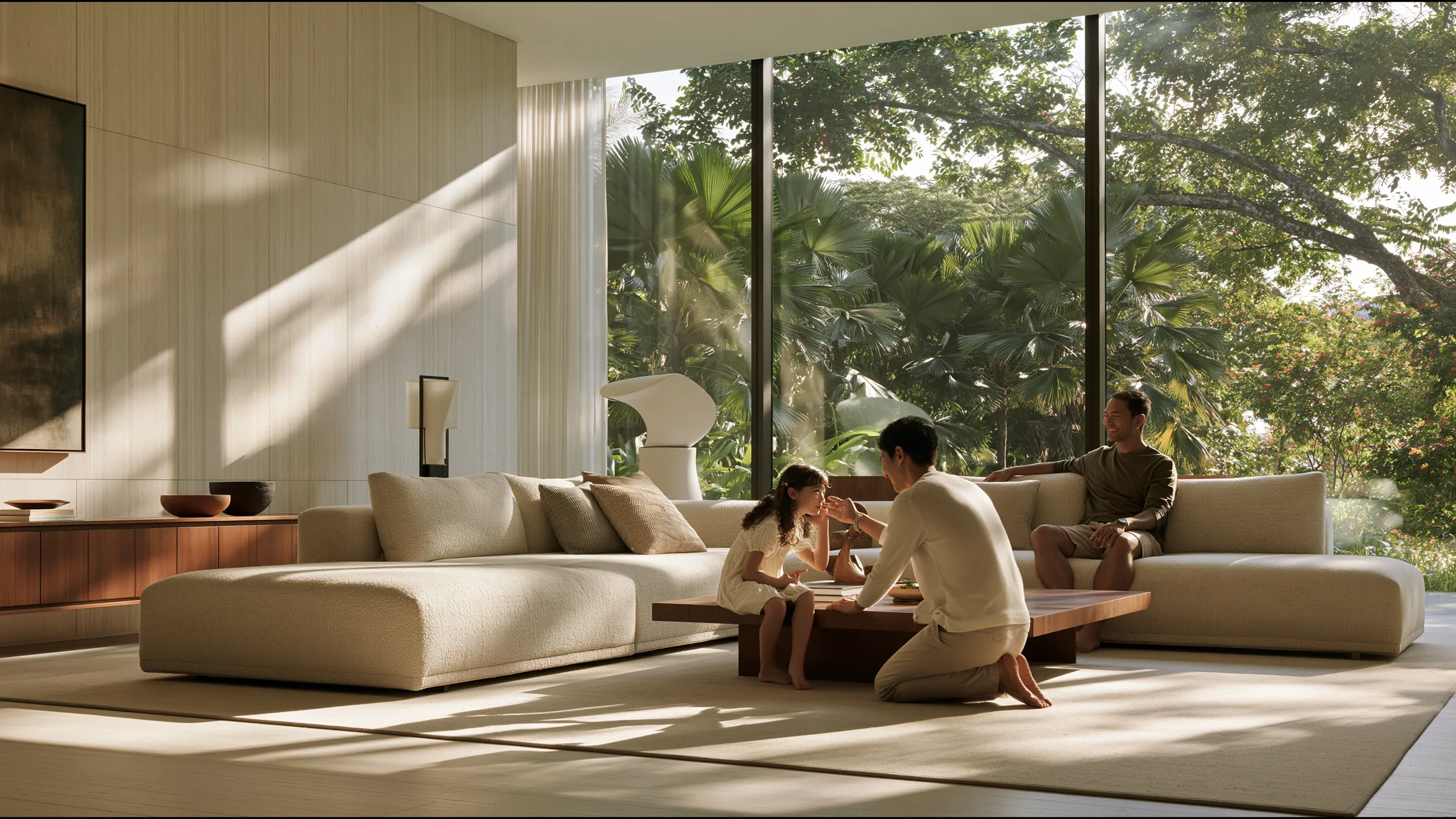 A paediatrician in fine knit kneeling to a young girl's eye level in a vast sunlit clinic in Novena, Singapore, her father smiling on a deep linen sofa, tropical green through a wall of glass