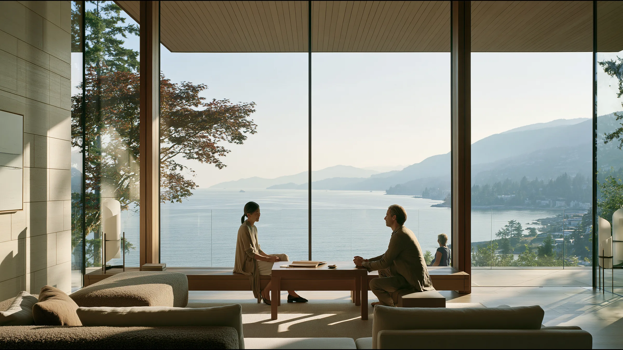 A solo private GP in his late thirties in an unstructured facing a patient across a small oak table in a sunlit glass pavilion consulting room in Kitsilano, Vancouver, the ocean and mountains beyond, warm attention
