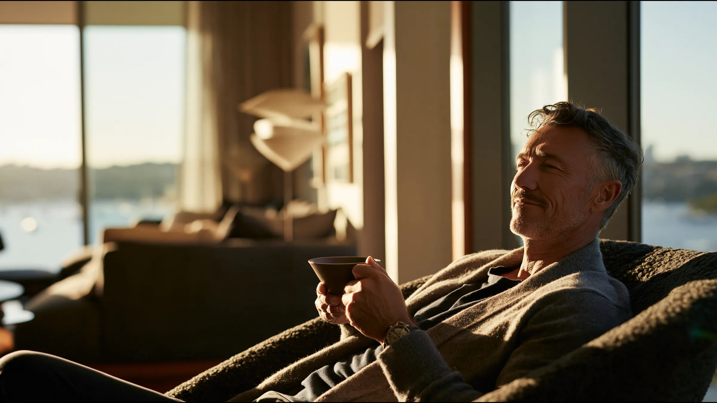 A psychiatrist in his fifties leaning back with a cup of tea in a vast sunlit study in Paddington, Sydney, after a video consultation, a calm smile