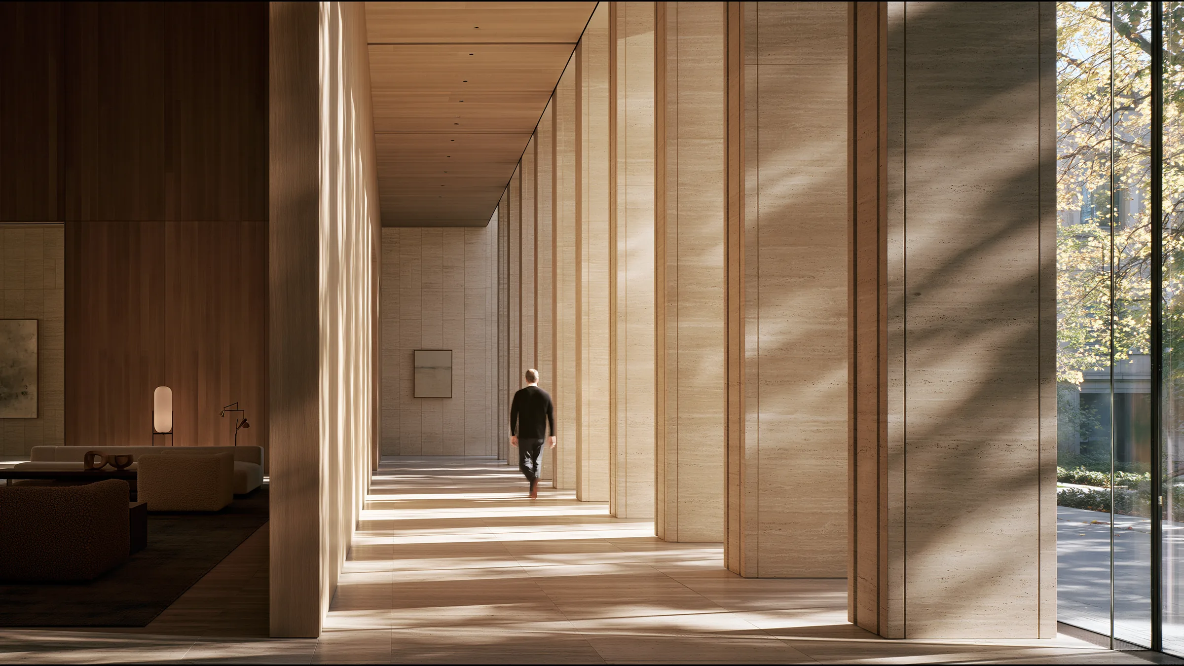 A family doctor in fine knit walking alone down a long gallery-like corridor of stone and oak in a Yorkville clinic in Toronto, unhurried between appointments, autumn light through floor-to-ceiling glass