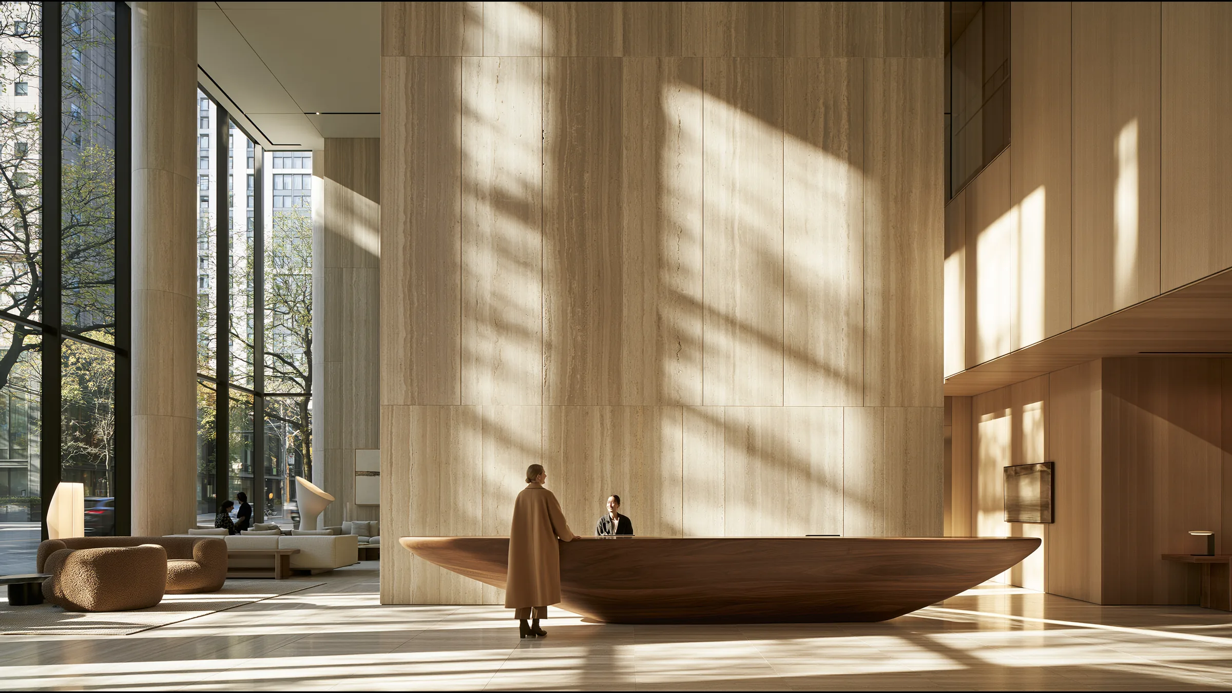 A woman in her thirties smiling at a receptionist across a sculptural walnut desk in a double-height Yorkville clinic in Toronto, autumn light through tall windows