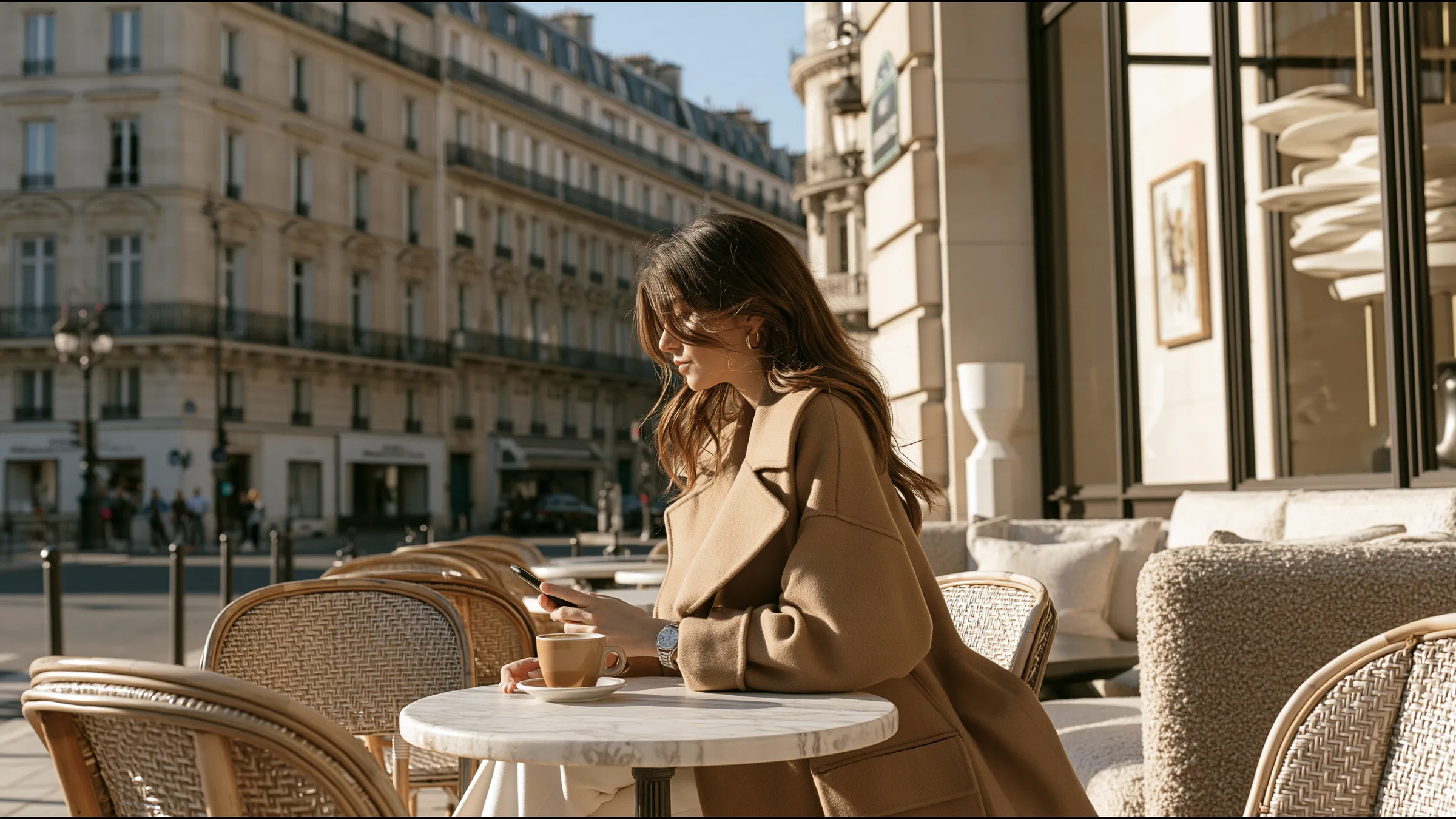 A woman alone at a marble cafe table on a wide Saint-Germain corner in the morning, confirming her clinic visit on her phone