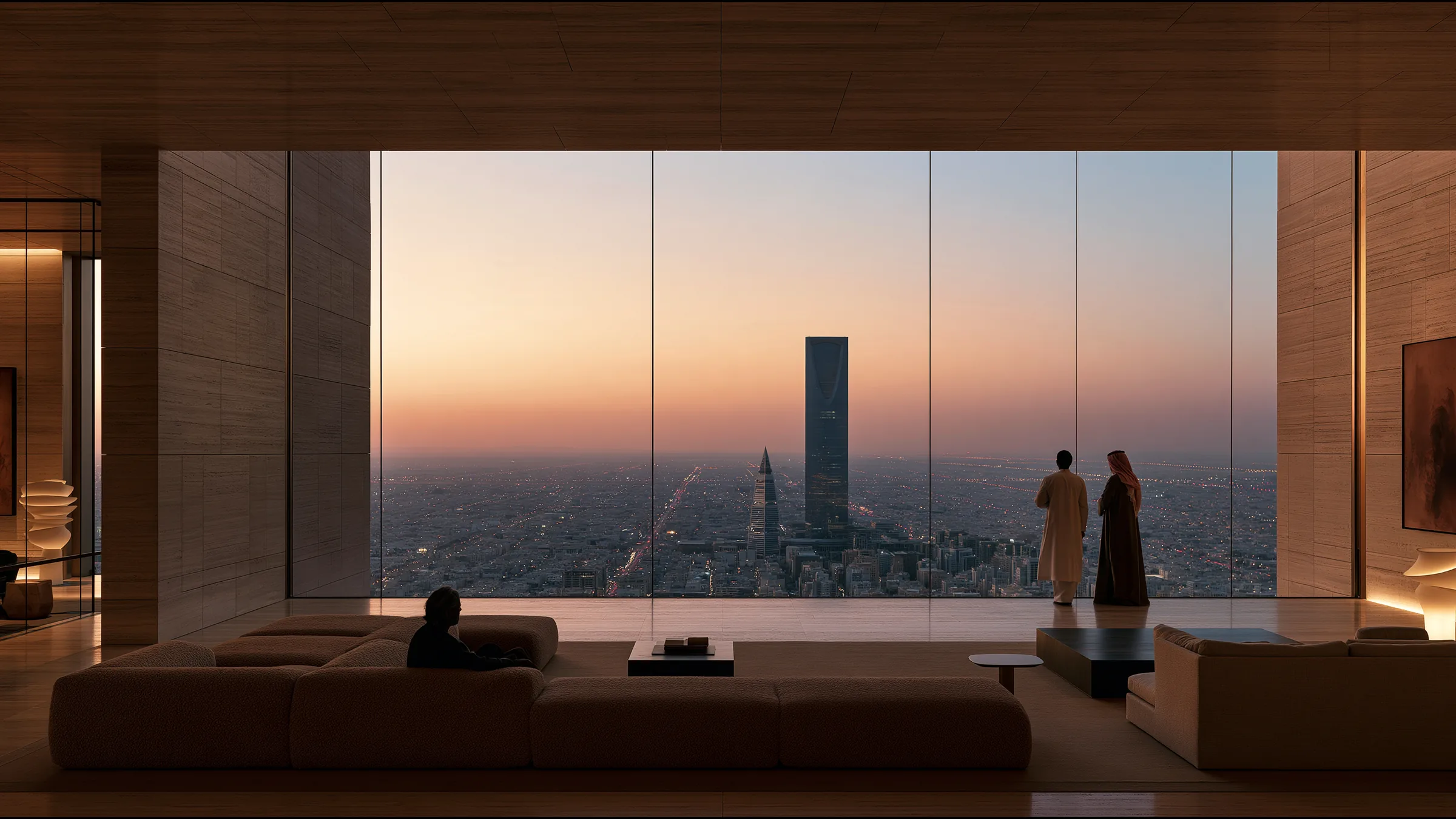 A chief medical officer in a white coat and a chief operating officer in a thobe standing at a vast window high above the Riyadh skyline at dusk, calm and decided, travertine and brass interior