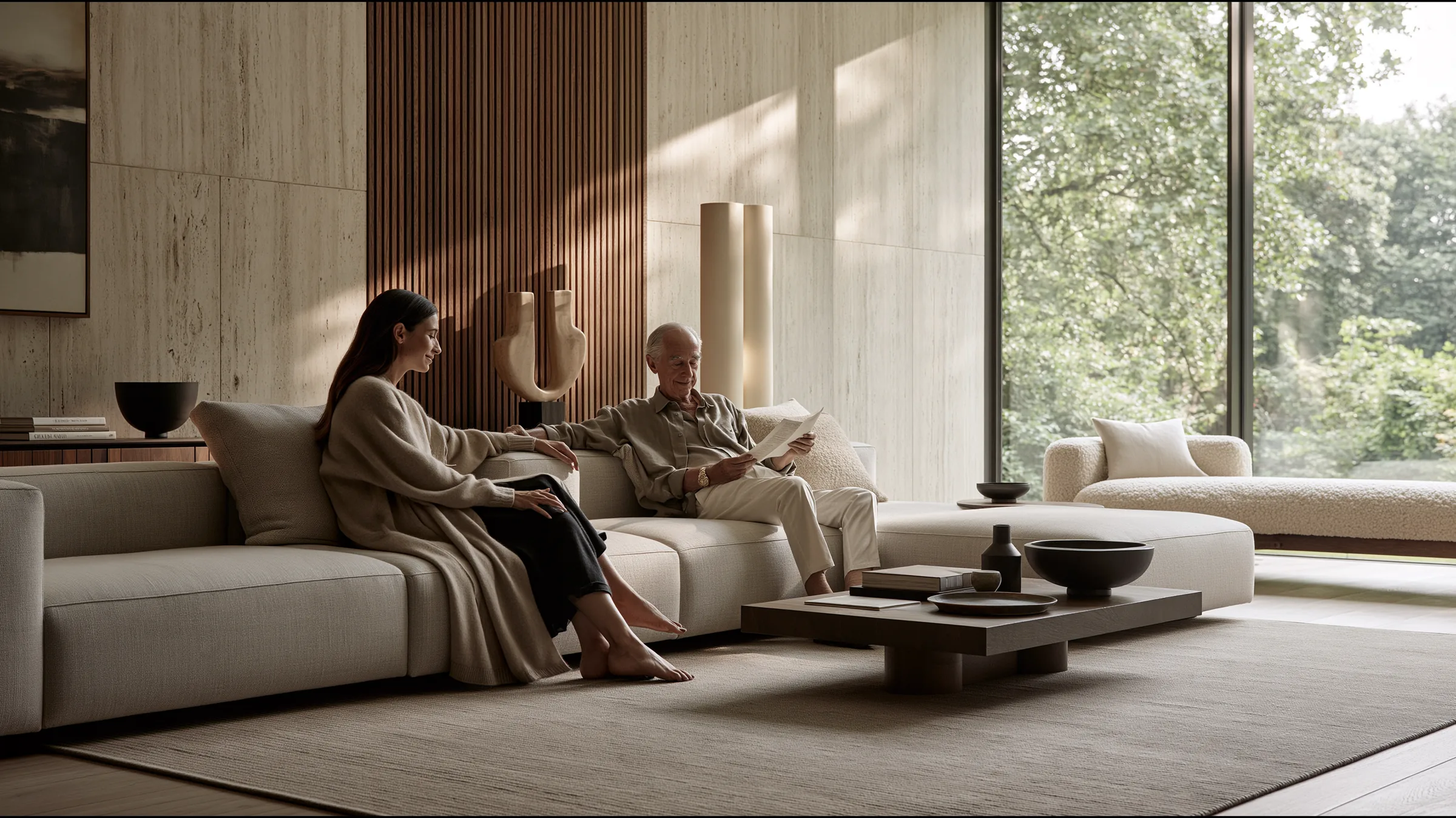 A woman in her forties in cashmere and her father in his late seventies on a deep linen sofa in a grand Hampstead townhouse, reading a clinic letter together with relief, tall windows onto the Heath