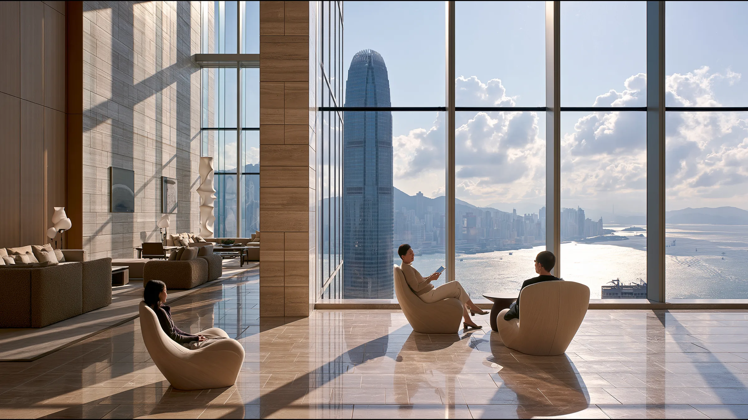 An internist in her fifties in fine knit reading a passage from a tablet to a patient in a vast calm consulting suite high in Central, Hong Kong, both seated in sculptural chairs, Victoria Harbour beyond the glass
