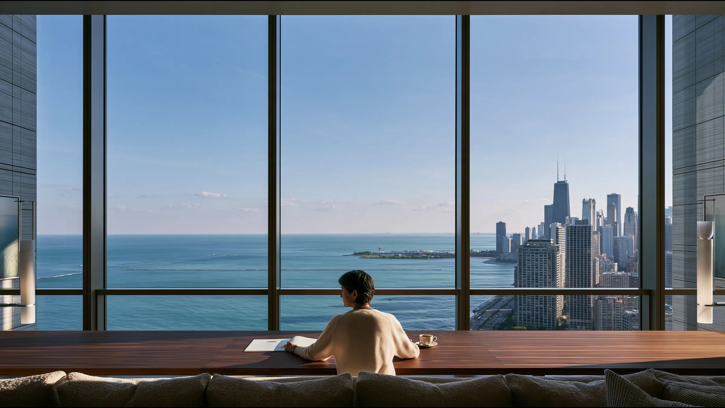 A clinic operations director in her fifties alone at a long walnut table in a double-height Gold Coast clinic in Chicago, a single page and a cup of tea, a quiet look of satisfaction, the lake beyond