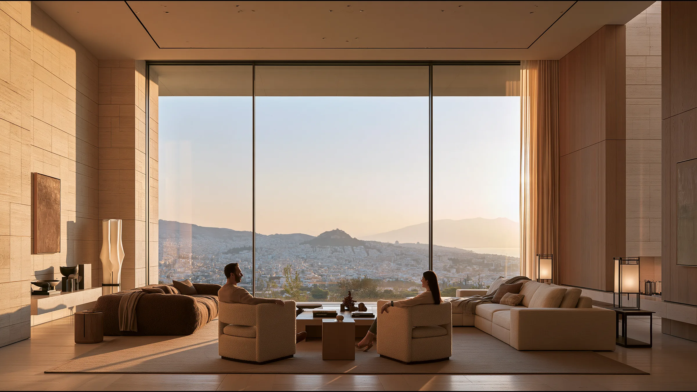 A clinician at ease in a vast, light-filled private clinic in Athens, the city beyond the glass