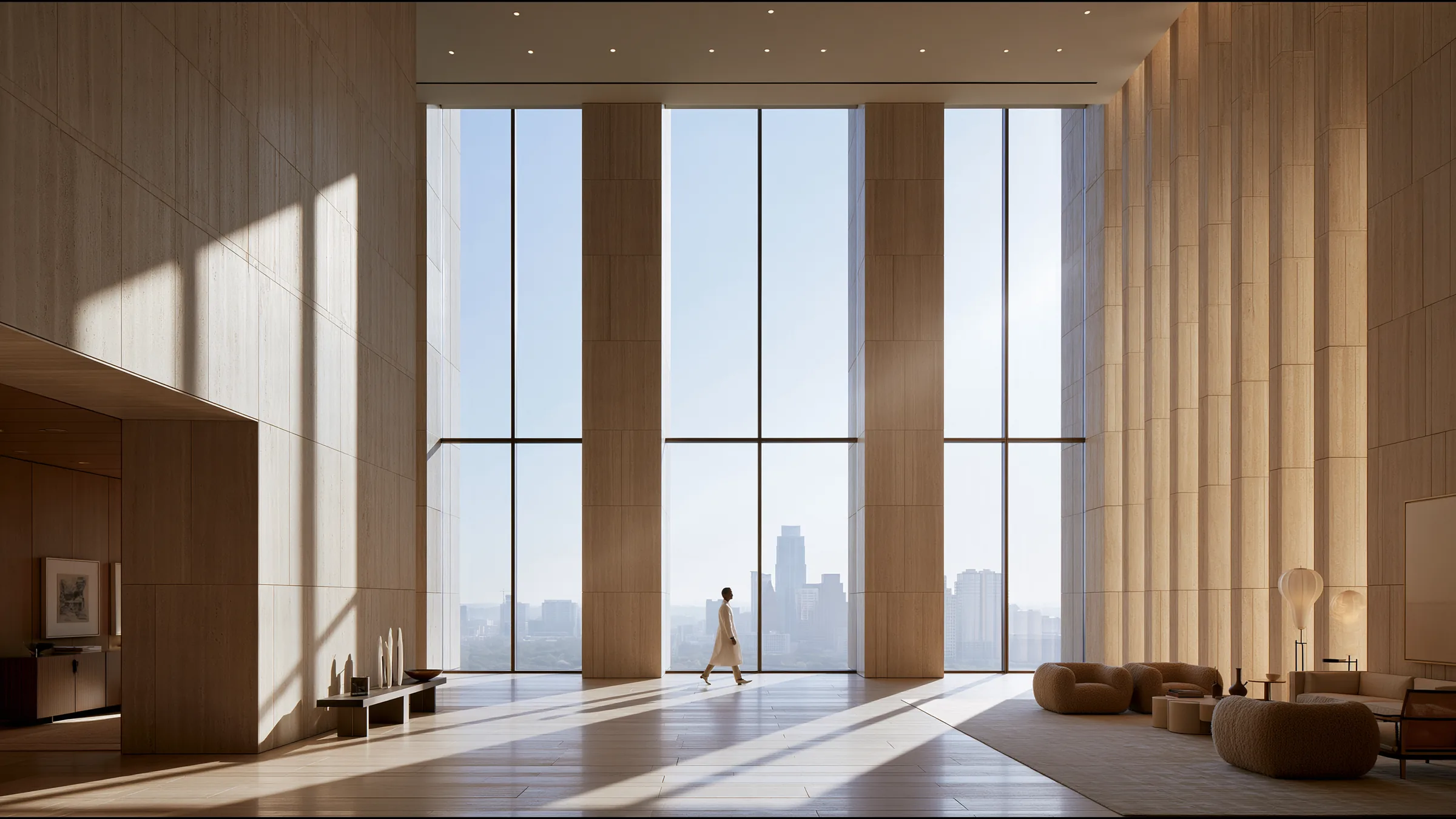 A clinician at ease in a vast, light-filled private clinic in Austin, the city beyond the glass