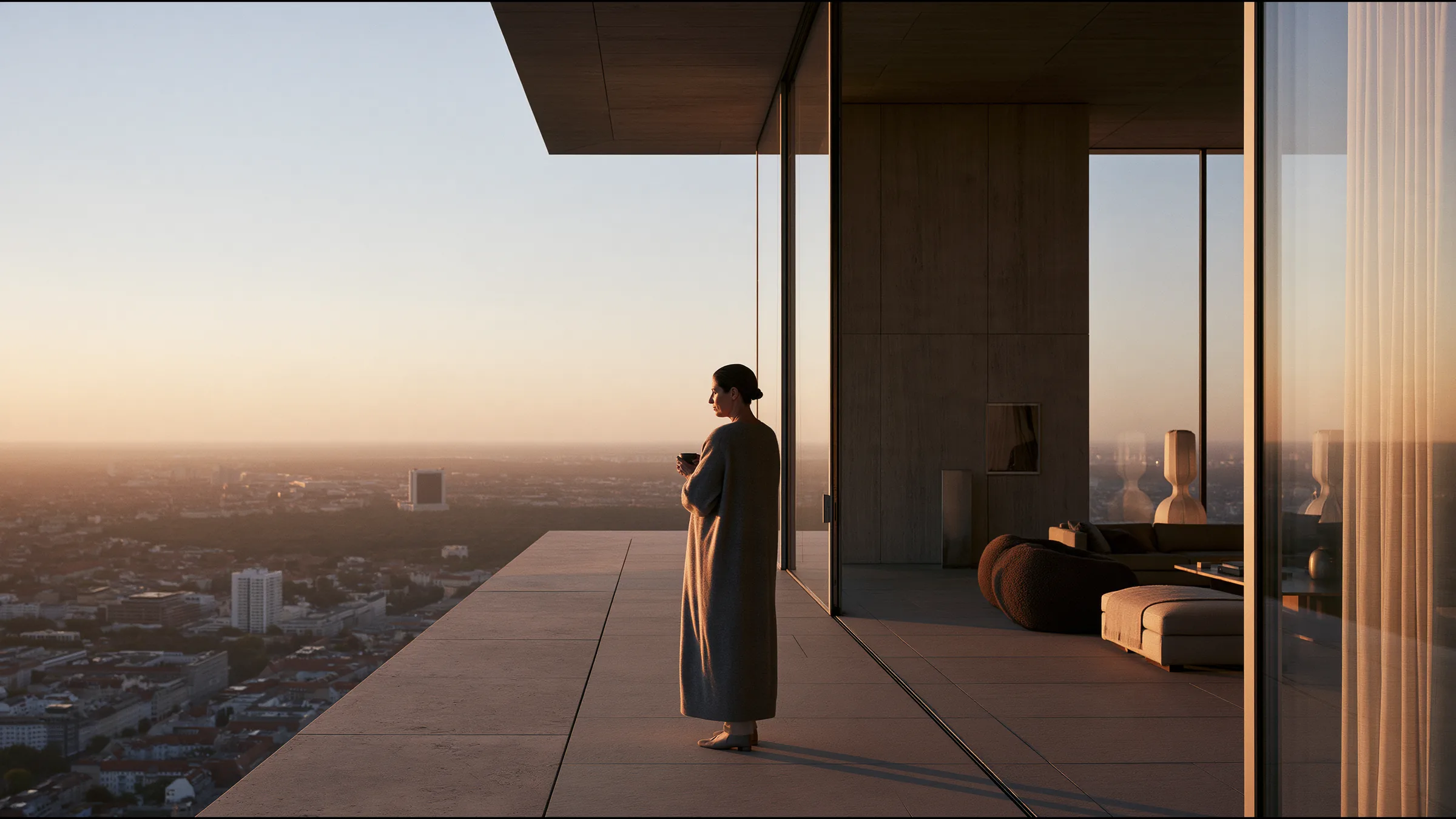 A clinician at ease in a vast, light-filled private clinic in Berlin, the city beyond the glass