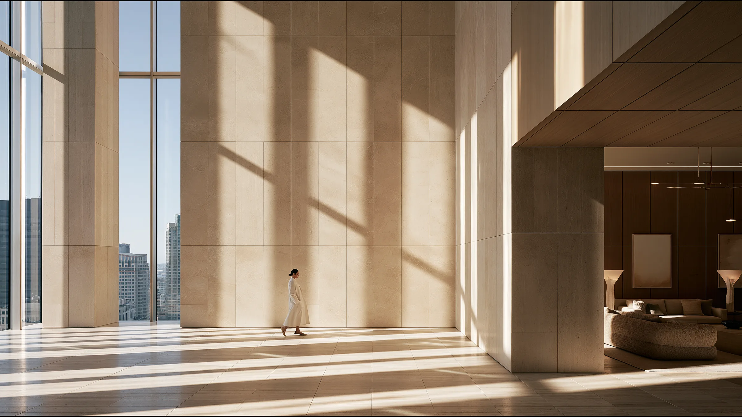 A clinician at ease in a vast, light-filled private clinic in Boston, the city beyond the glass