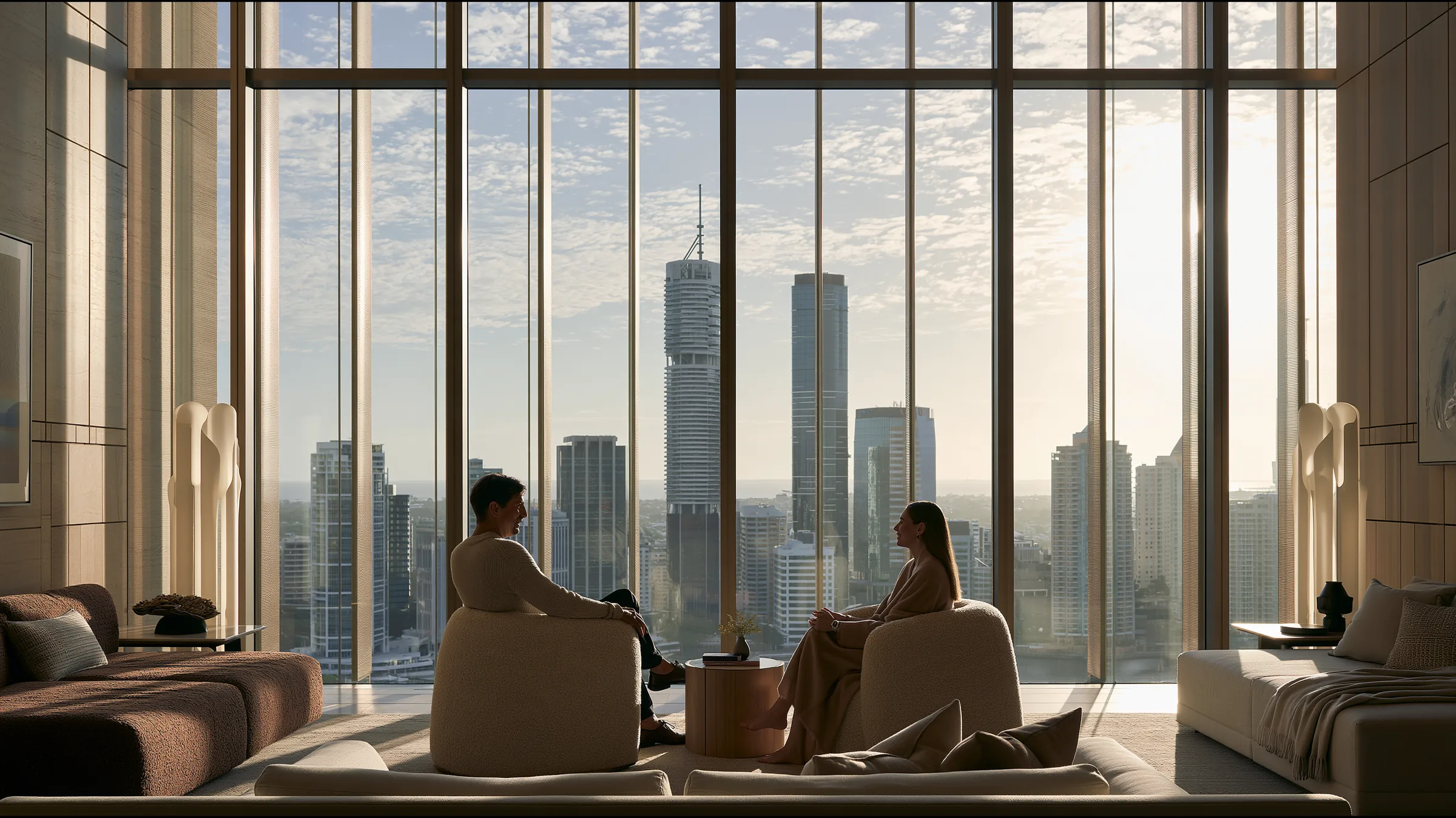 A clinician at ease in a vast, light-filled private clinic in Brisbane, the city beyond the glass