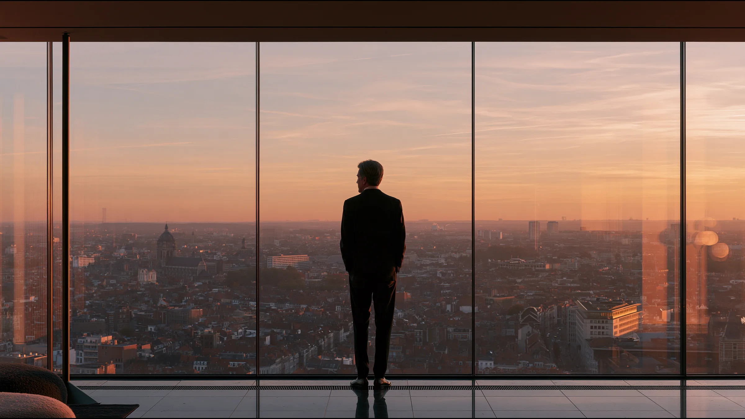 A clinician at ease in a vast, light-filled private clinic in Brussels, the city beyond the glass