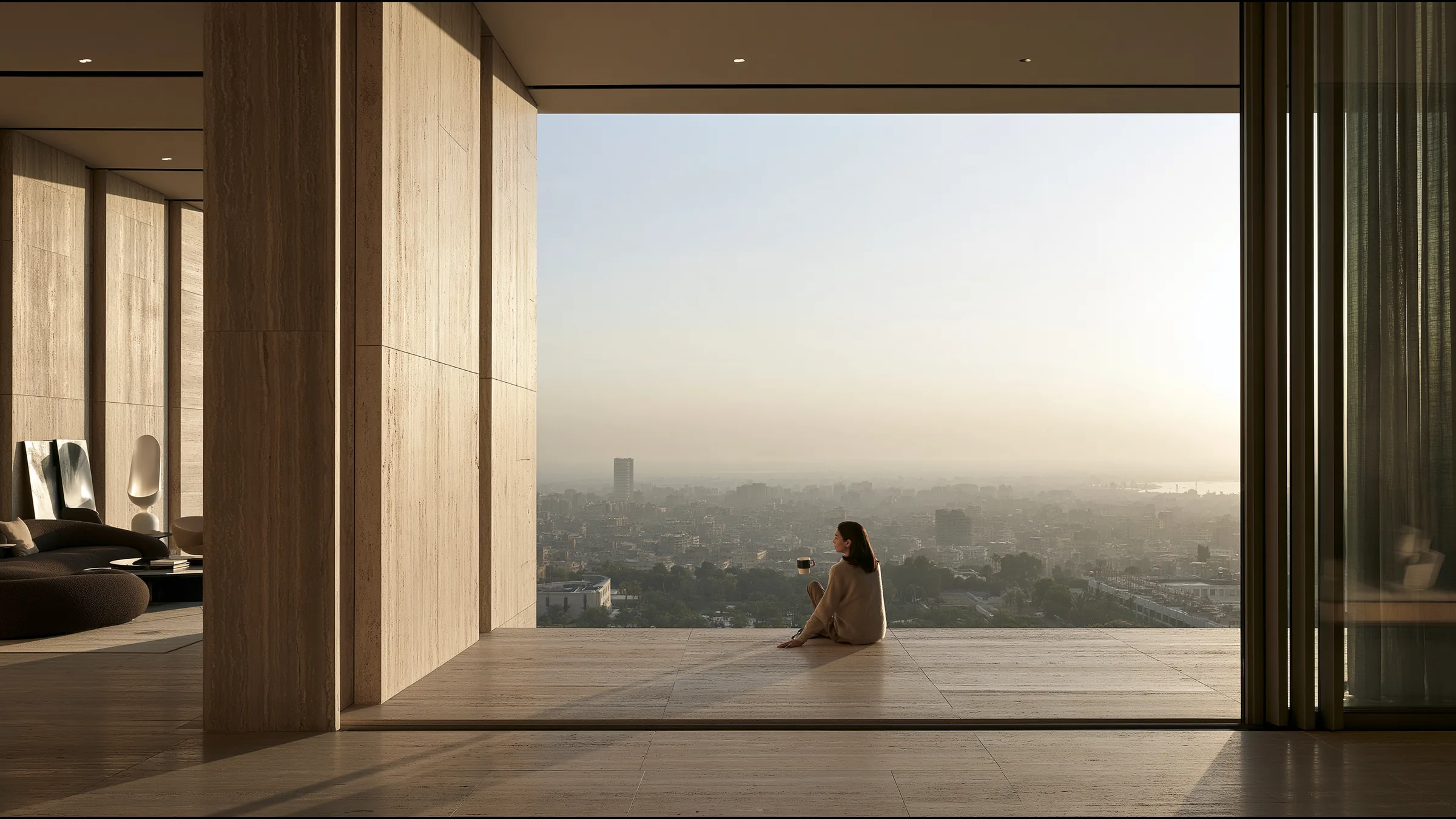 A clinician at ease in a vast, light-filled private clinic in Cairo, the city beyond the glass