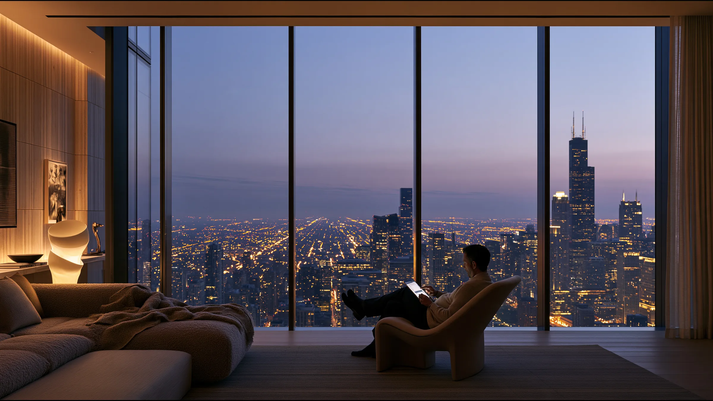 A clinician at ease in a vast, light-filled private clinic in Chicago, the city beyond the glass