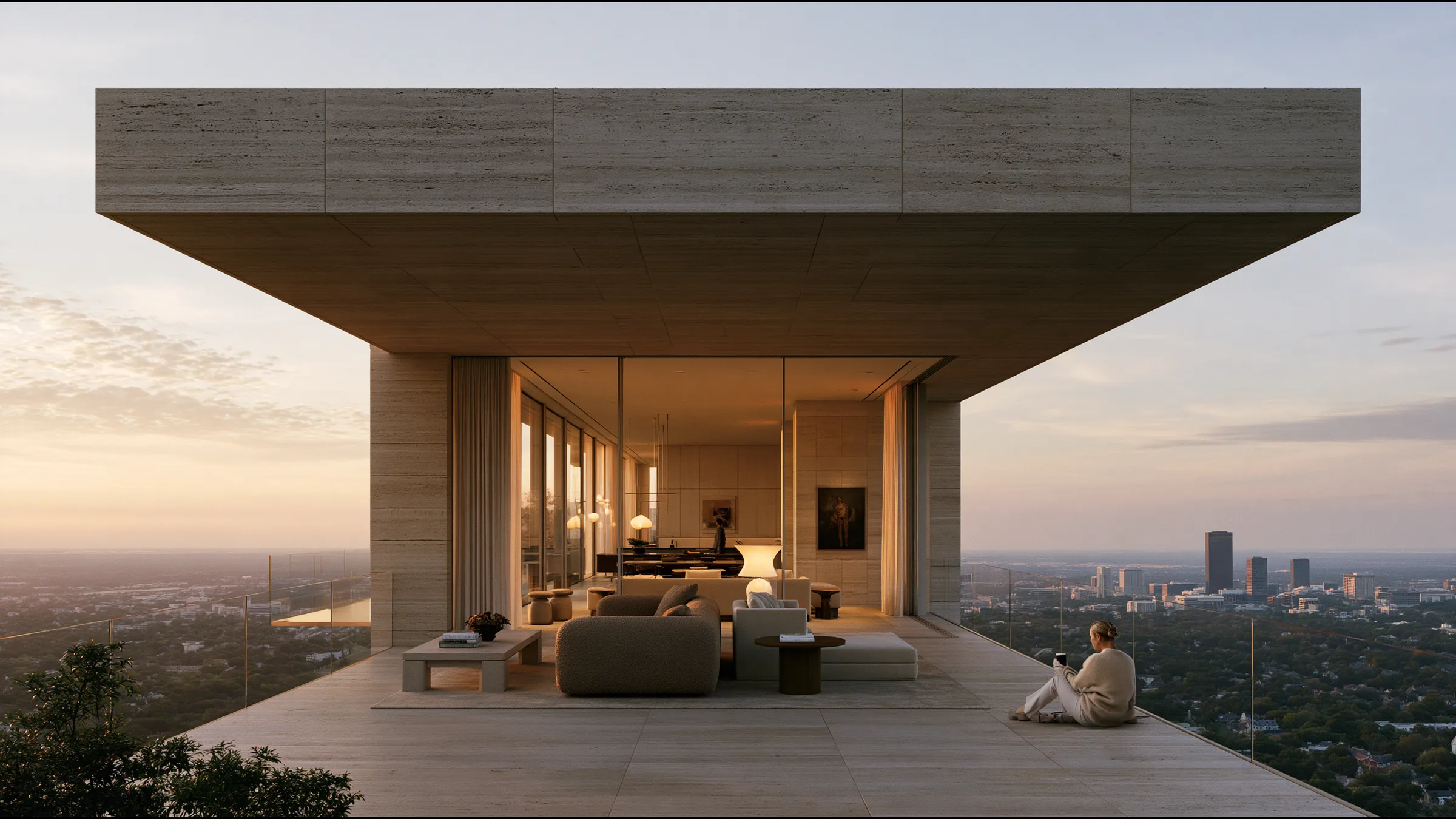 A clinician at ease in a vast, light-filled private clinic in Dallas, the city beyond the glass