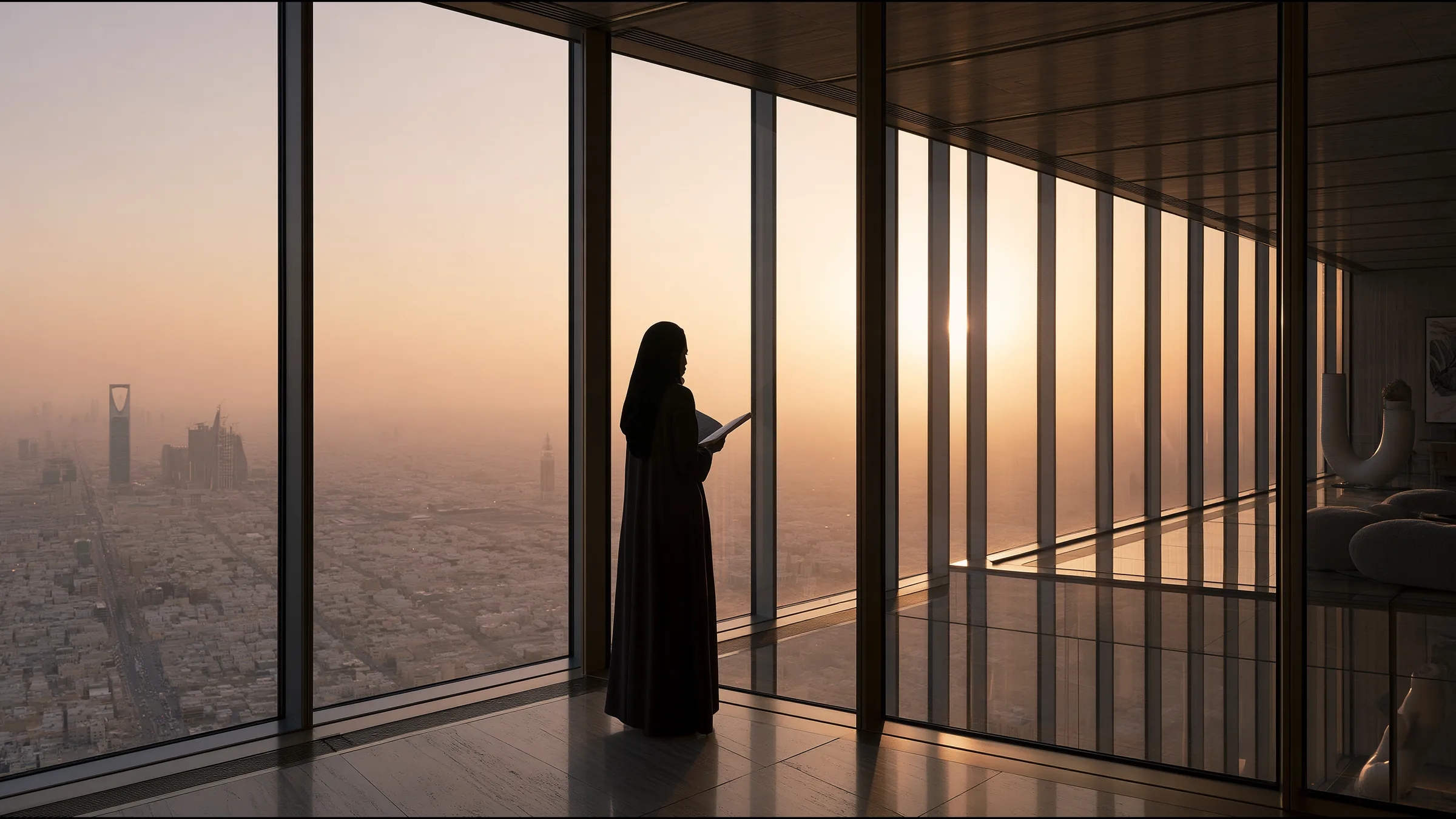 A health system data lead in a dark tailored abaya standing alone at a floor-to-ceiling window high in a Riyadh tower at golden hour, small against the vast city skyline, reading a bound document with quiet assurance, travertine and brass interior
