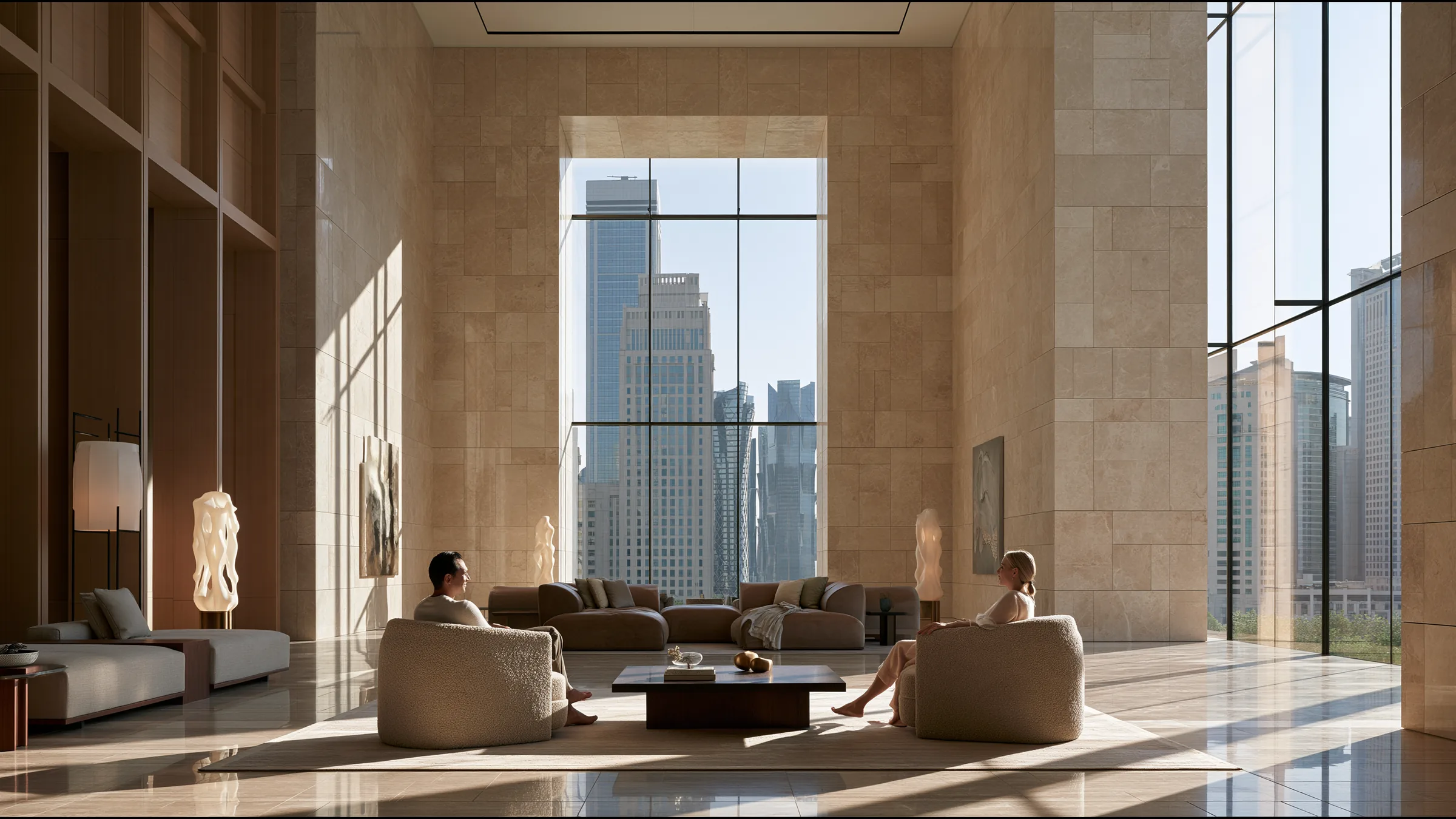 A clinician at ease in a vast, light-filled private clinic in Doha, the city beyond the glass