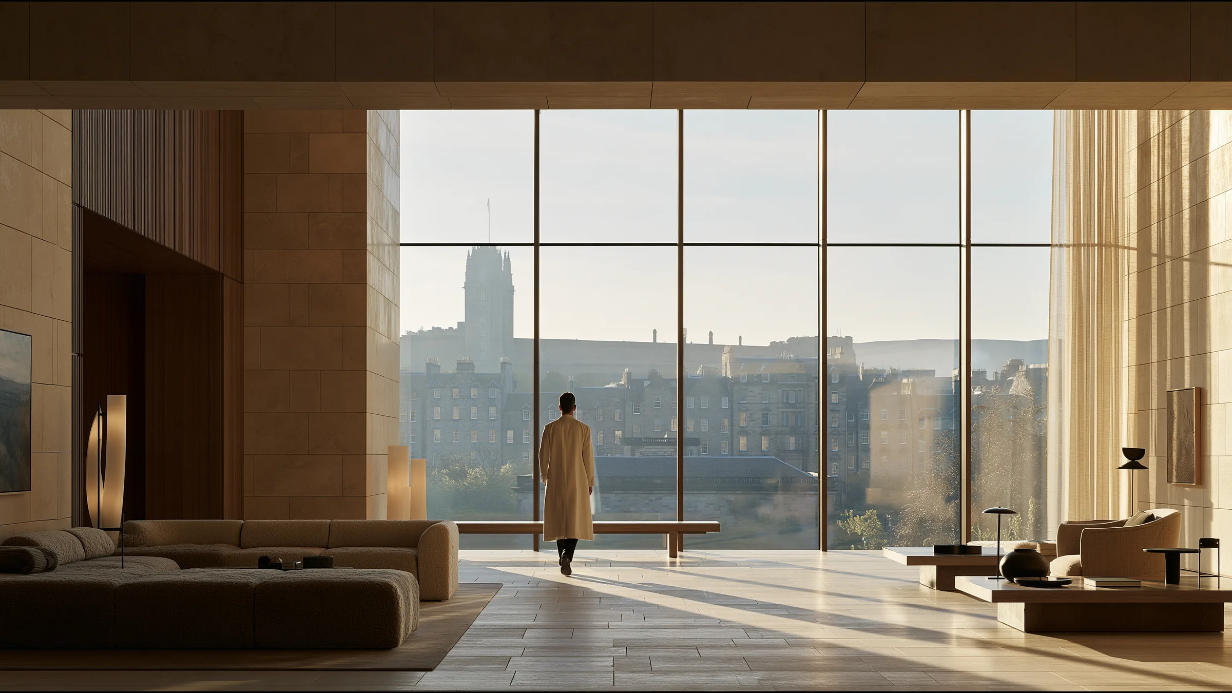 A clinician at ease in a vast, light-filled private clinic in Edinburgh, the city beyond the glass