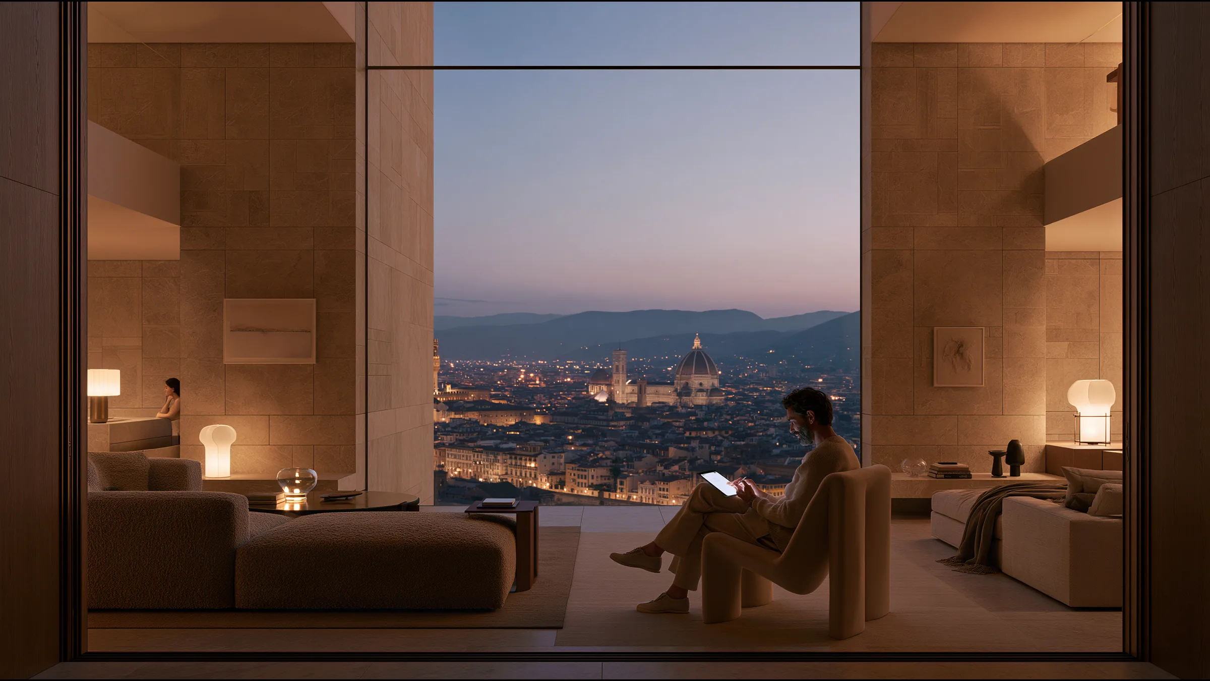 A clinician at ease in a vast, light-filled private clinic in Florence, the city beyond the glass