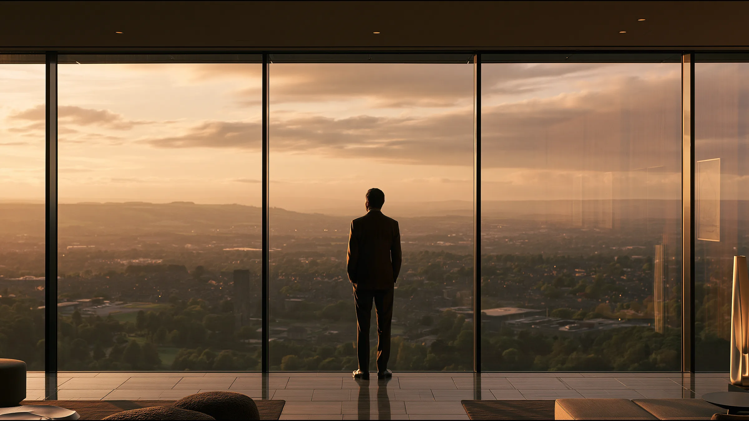 A clinician at ease in a vast, light-filled private clinic in Harrogate, the city beyond the glass