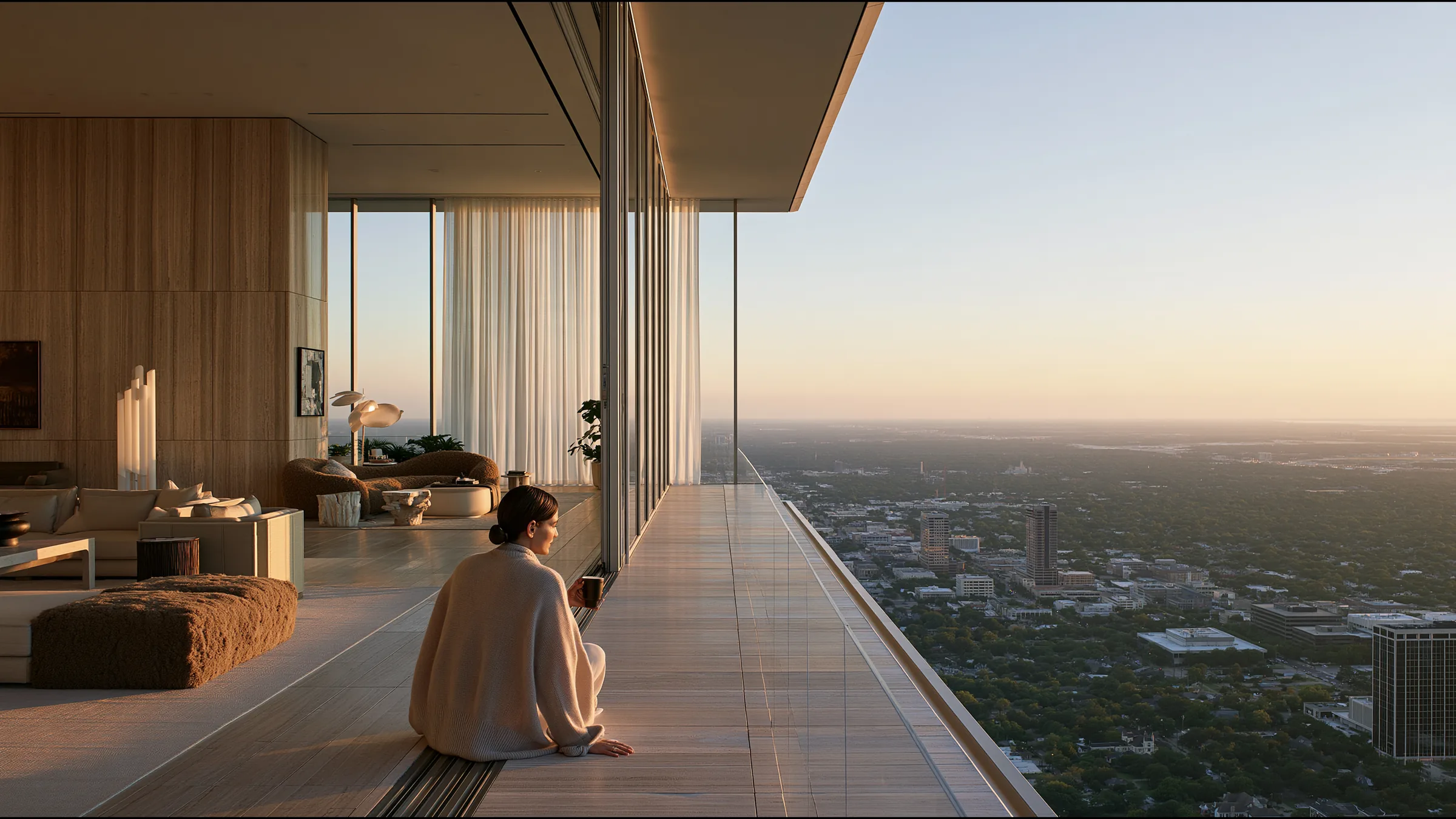 A clinician at ease in a vast, light-filled private clinic in Houston, the city beyond the glass