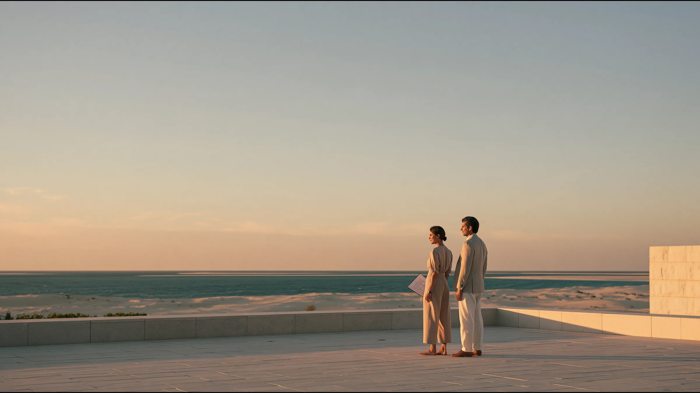 A clinic director and her operations lead standing on a vast stone terrace of a clinic on Saadiyat Island, Abu Dhabi, at golden hour, calm confidence
